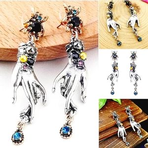 Silver Plated pink yellow blue black crystal beetle hand earrings w/ silver post